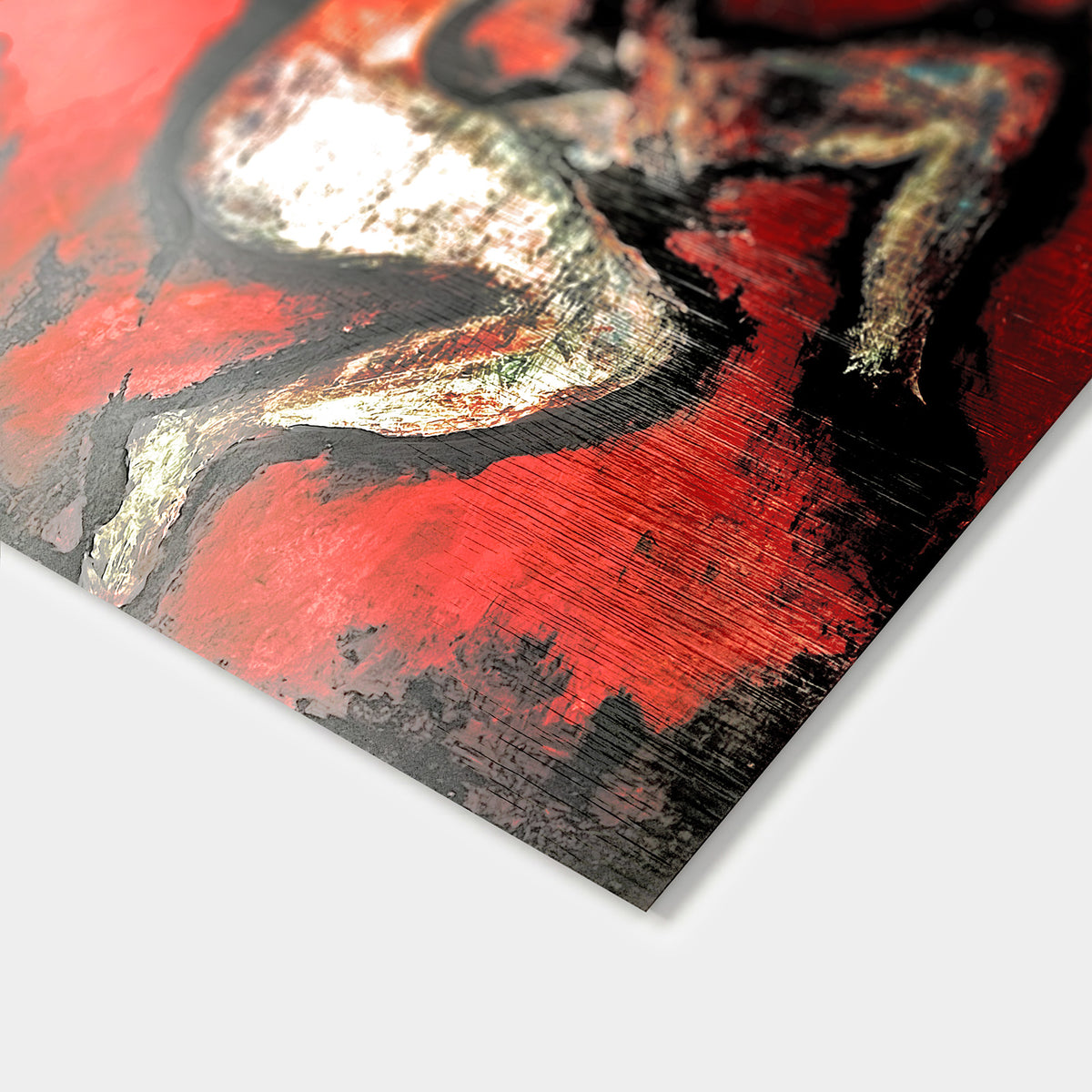 Close-up of After the Fall by Victoria Evans, showing angular cream and black figures against a red ground