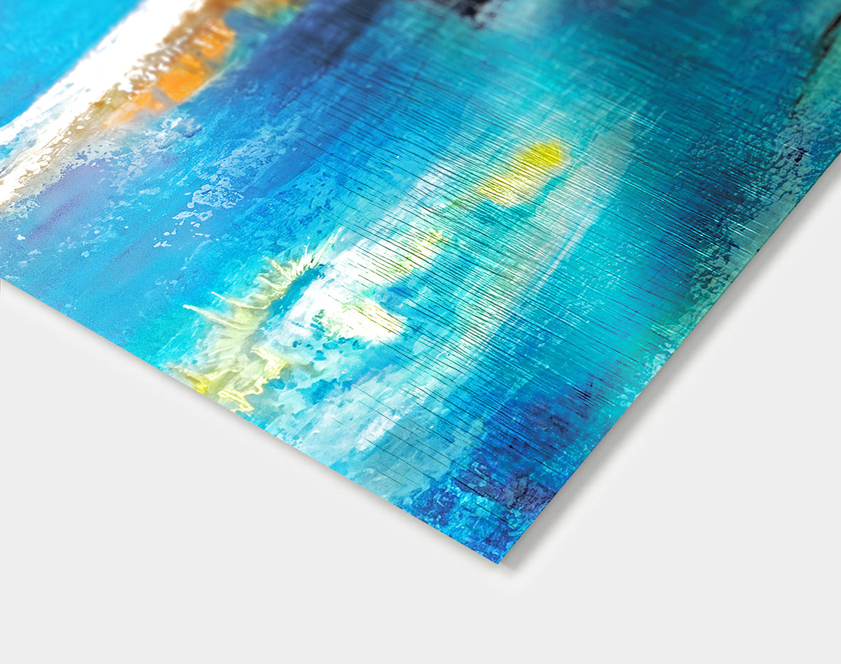 Close-up of Beyond the Breakers by Victoria Evans, showing turquoise surf, a dark shoreline and deep blue sky
