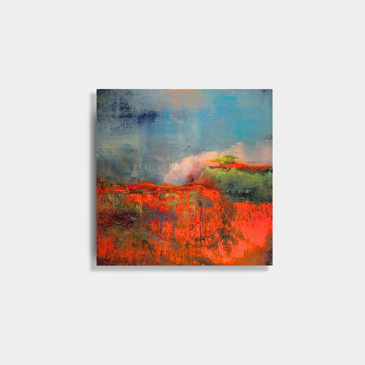California Poppies by Victoria Evans: red-orange poppy field beneath a blue-grey sky