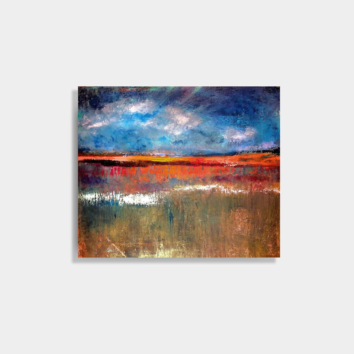 Ennis Lake by Victoria Evans: blue sky and red-gold shoreline reflected in a lake