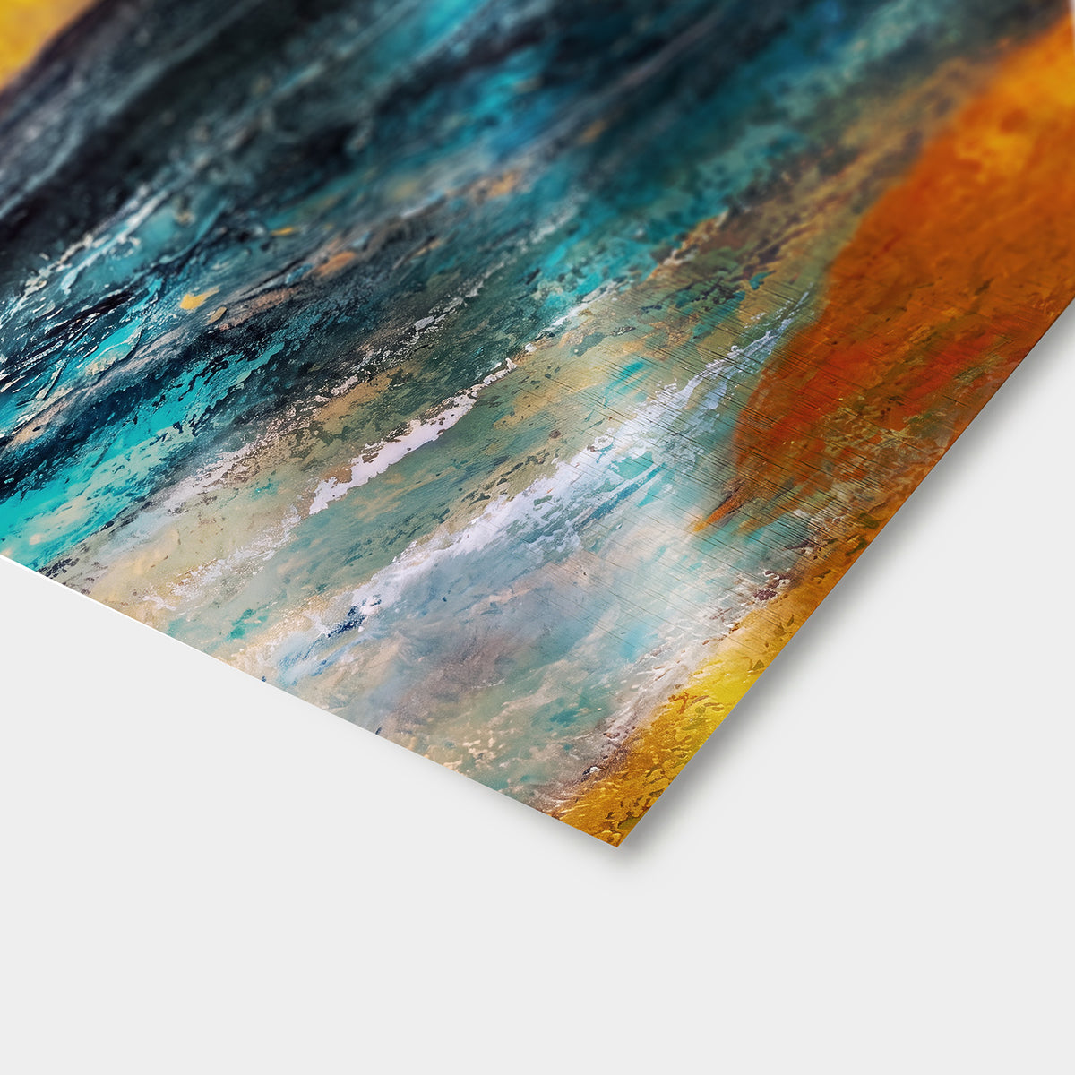 Close-up of Eons by Victoria Evans, showing abstract coastal bands of blue, turquoise, white and gold