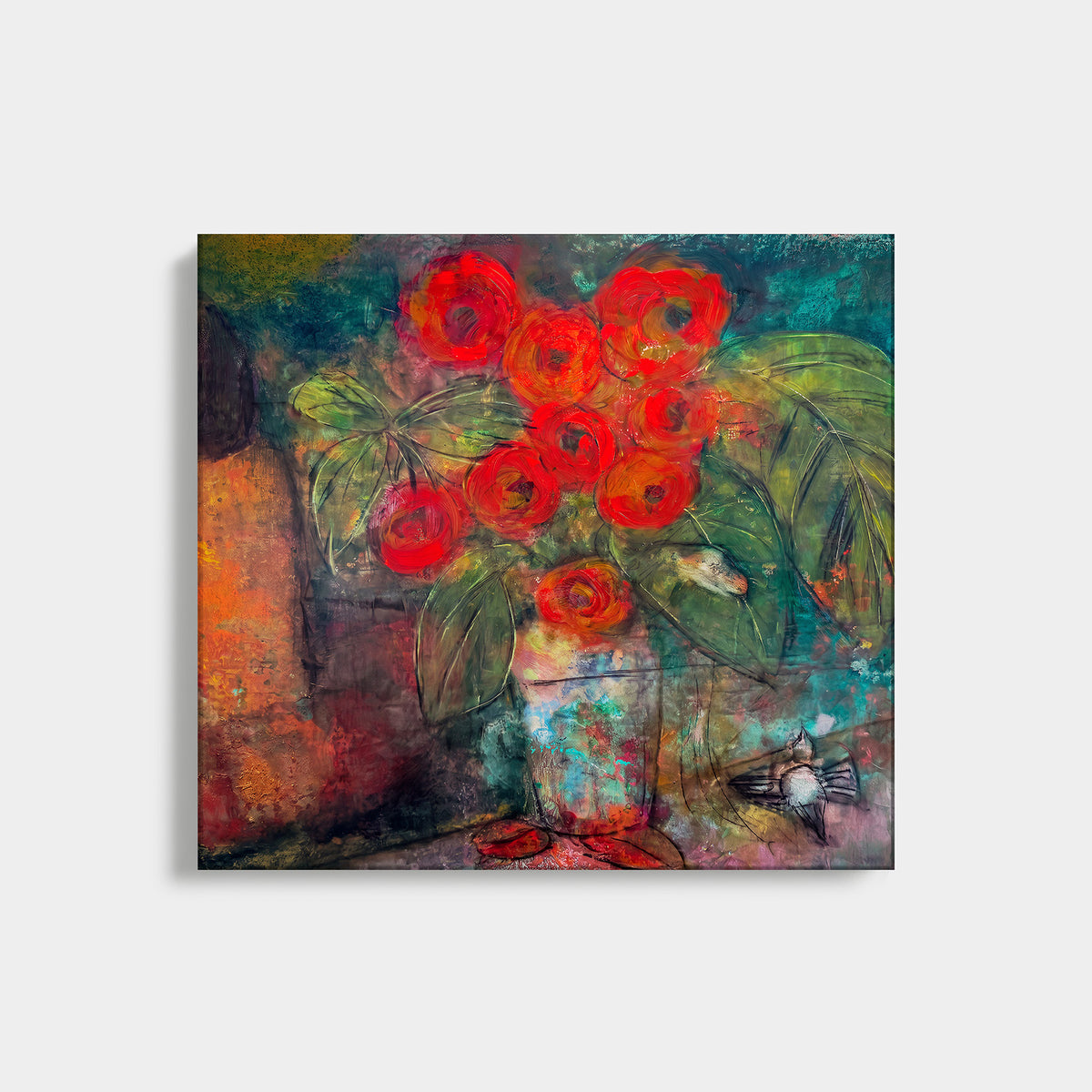 Gregory's Flowers by Victoria Evans: red flowers in a patterned vase against a layered green background