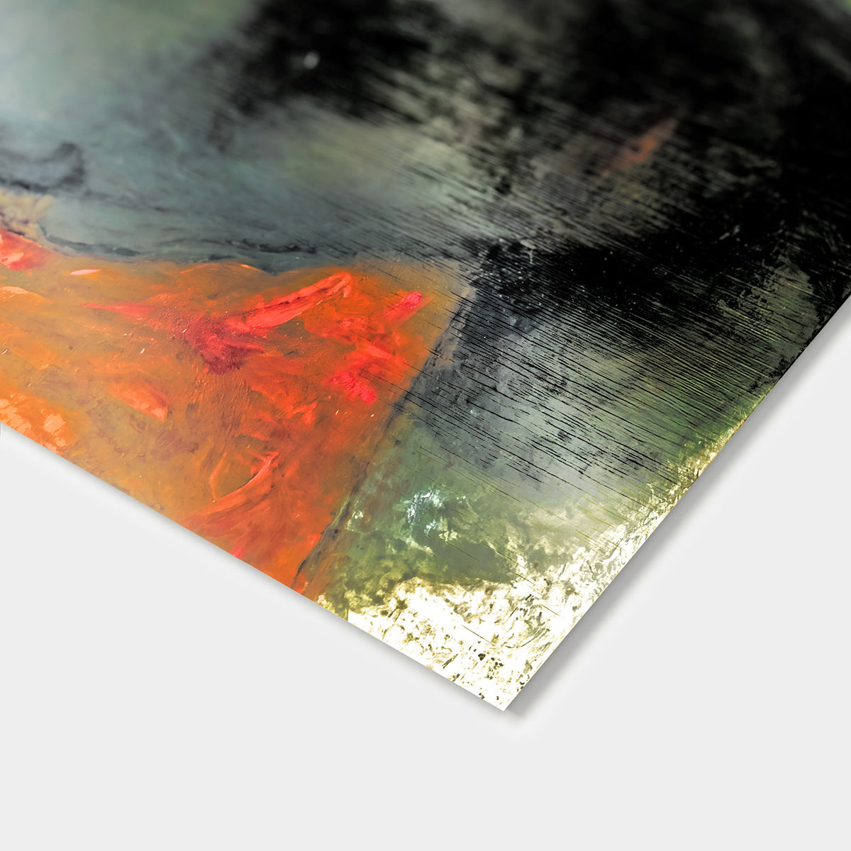 Close-up of Grief by Victoria Evans, showing dark contemplative face against an orange background
