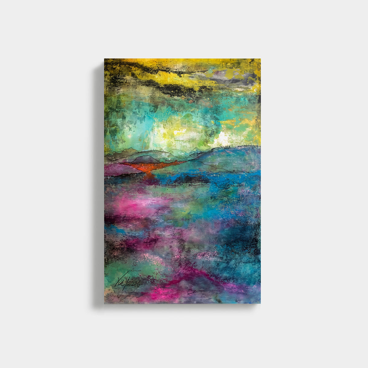 Napa Valley by Victoria Evans: abstract landscape in green, turquoise, magenta and gold