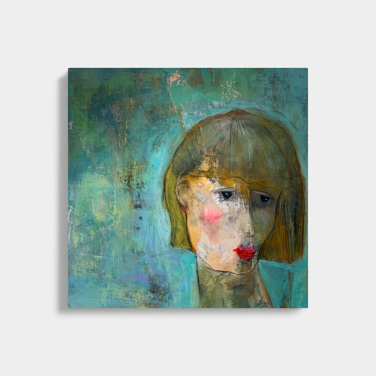 Self Portrait by Victoria Evans: stylised portrait with pink cheeks against green and turquoise