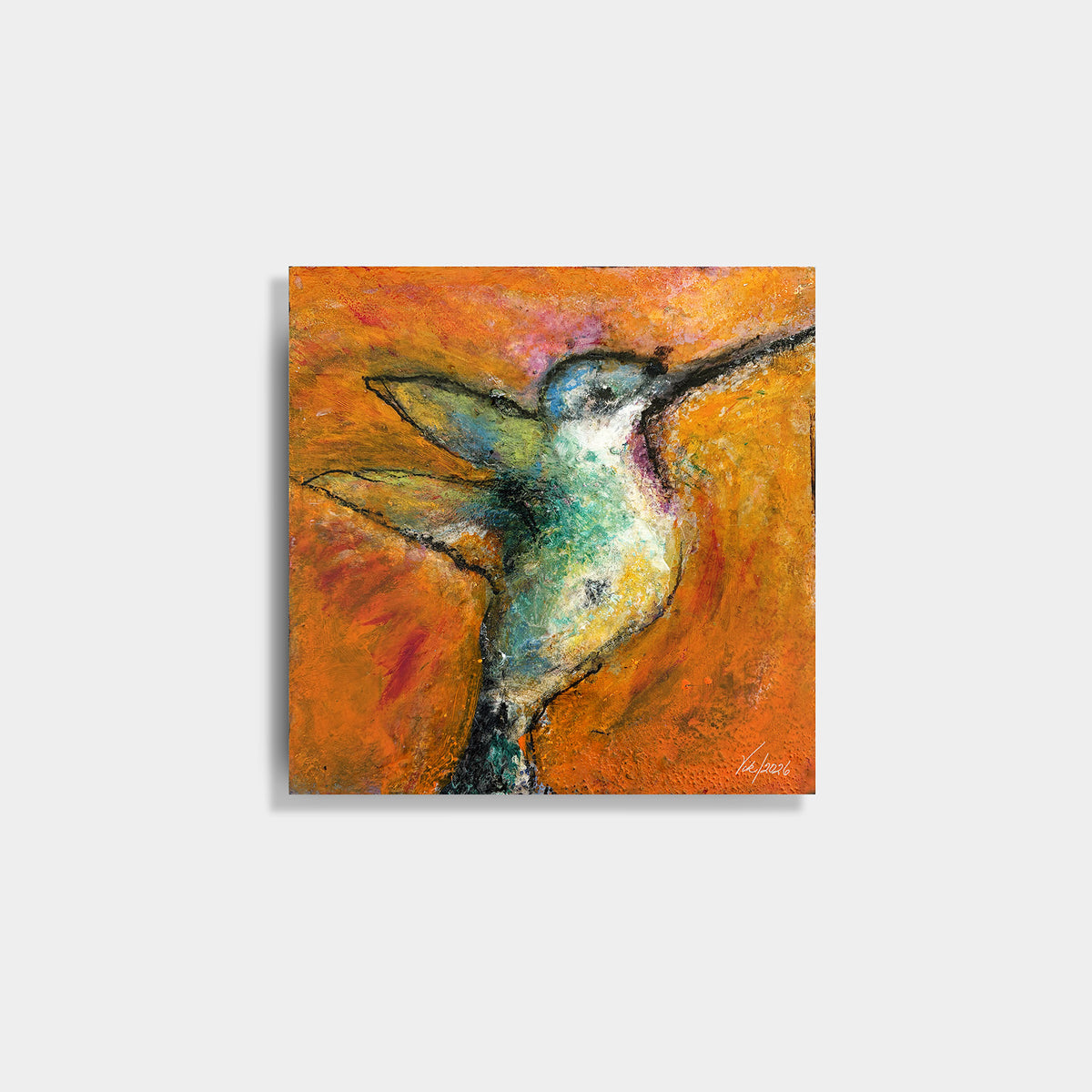Hummingbird by Victoria Evans, a green and turquoise bird against a vivid orange and golden-yellow background