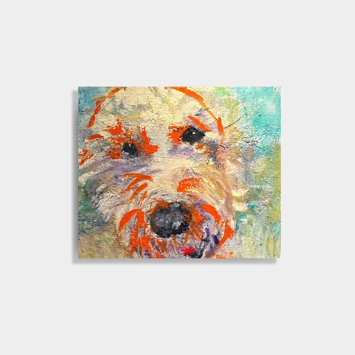 Moose by Victoria Evans, an expressive shaggy dog portrait in cream and white with orange, blue and green accents