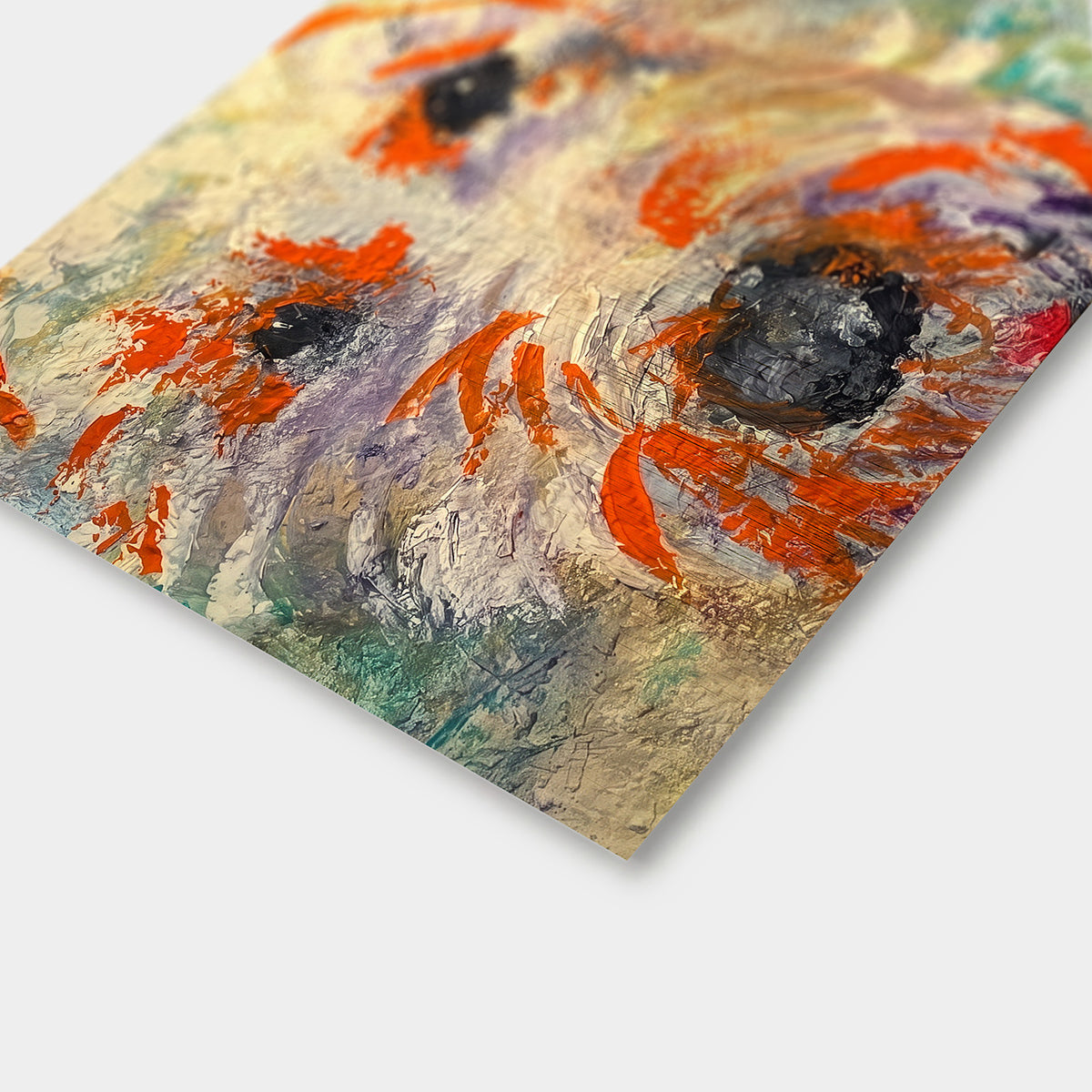 Close-up of Moose by Victoria Evans, showing colourful painted details in the abstract dog portrait