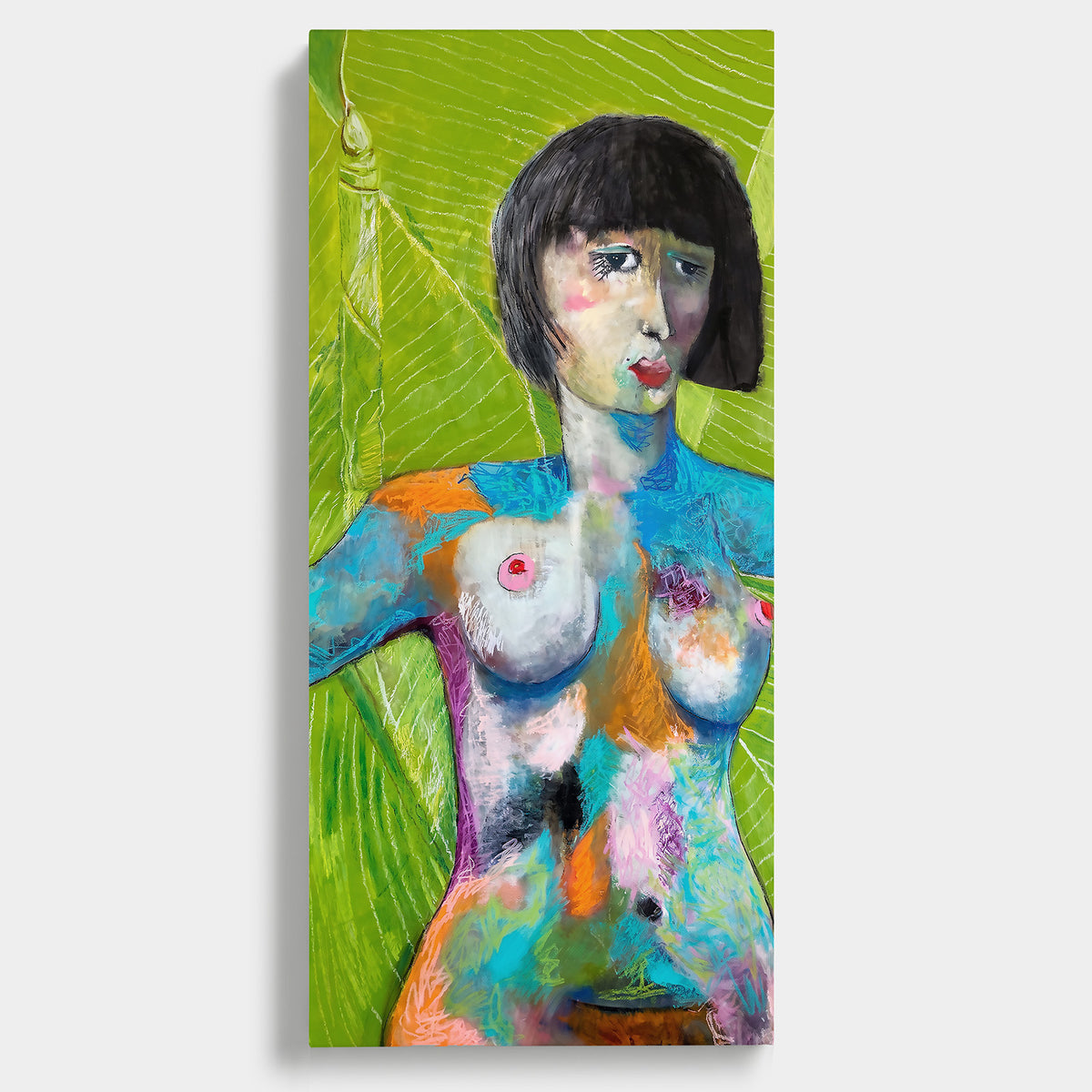 Nude by Victoria Evans, a stylised female figure with dark hair and pink and blue accents against bright green