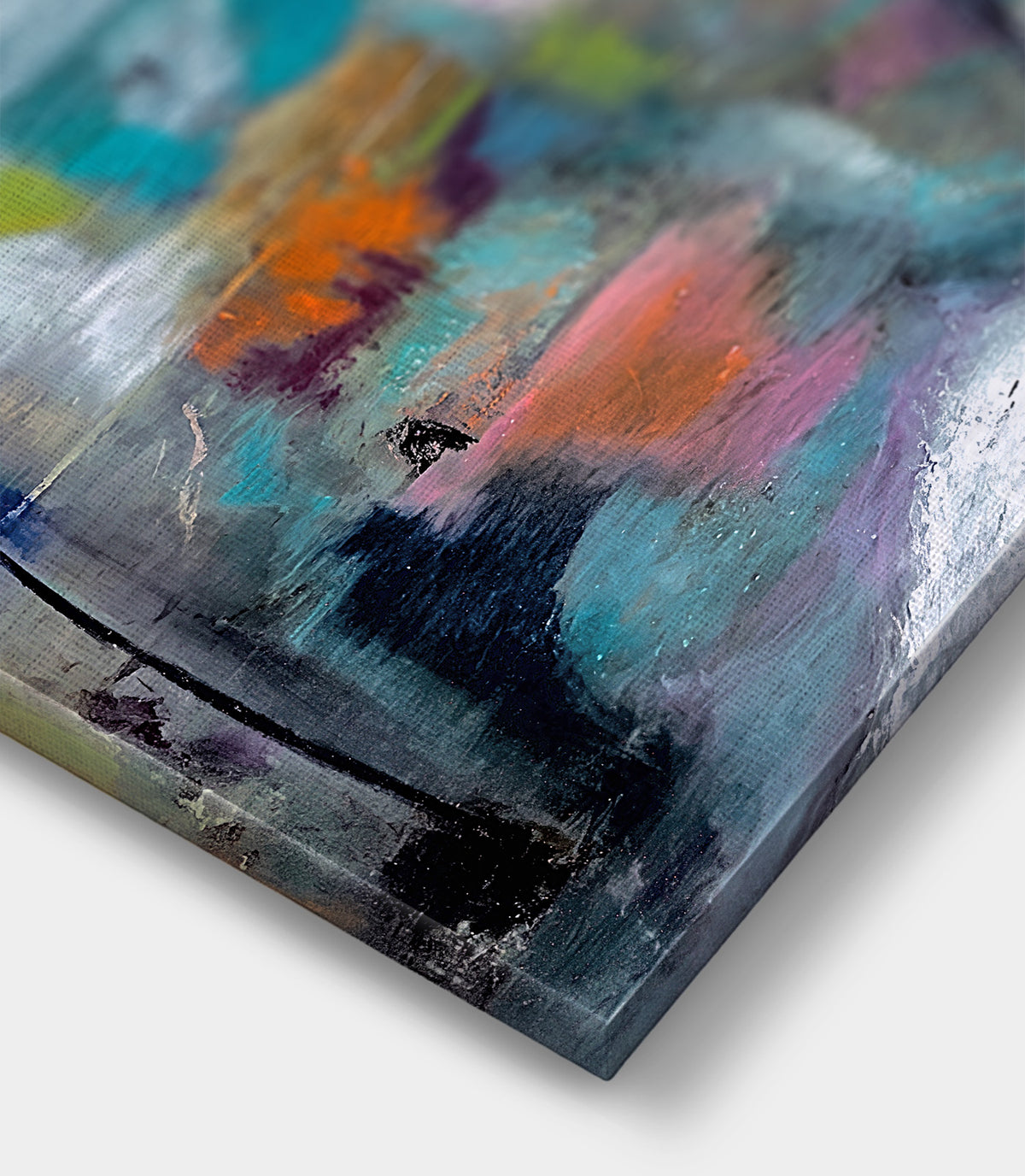 Close-up of Torso by Victoria Evans, showing layered turquoise, pink, orange and dark painted marks