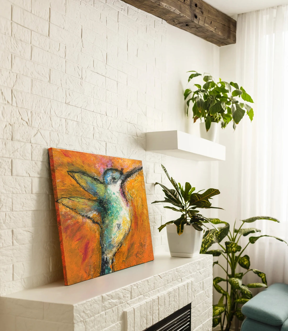 Hummingbird – Metal Print in a styled interior; scale and framing are illustrative